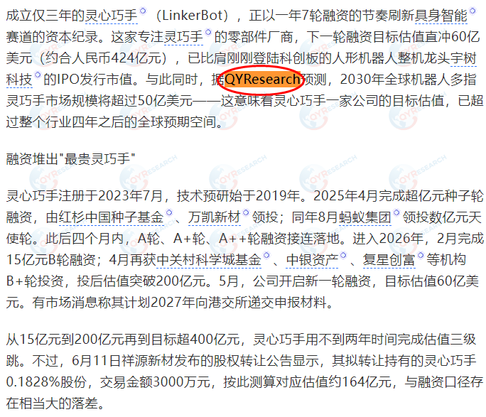 Lingxin Qiaoshou (Beijing) Technology Co., Ltd. cited a market report on multi-fingered robotic dexterous hands published by QYResearch.