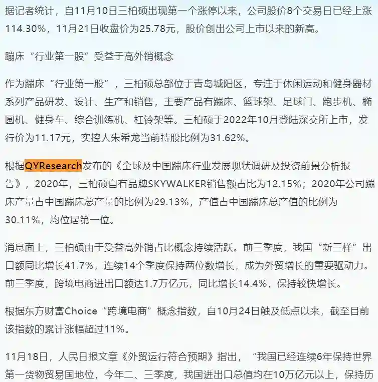 On November 22, Qingqi Sanbaishuo quoted the trampoline industry analysis report published by QYResearch.