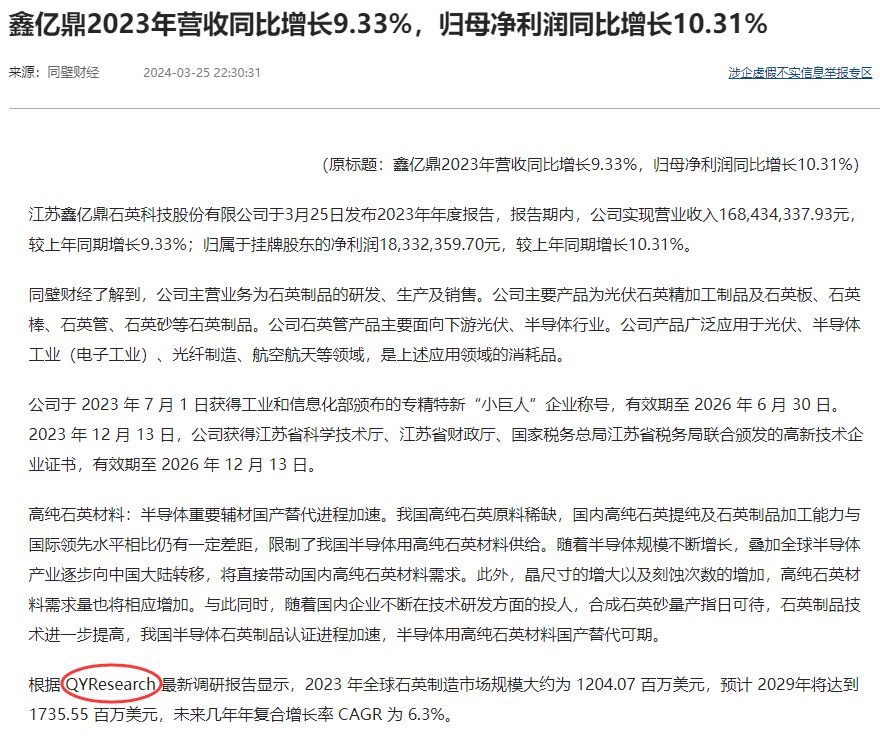 In its annual report, Jiangsu Xin Yiding Quartz Science and Technology Company quoted the quartz manufacturing industry analysis report published by QYResearch