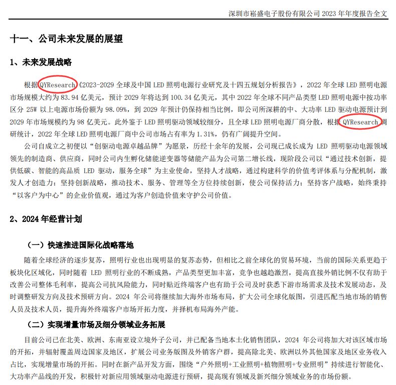 On April 12, Shenzhen Songsheng Electronic Company cited QYResearch's LED lighting power supply market analysis report in its annual report
