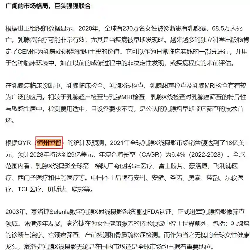 On September 22, Hologic quoted the mammography industry analysis report published by Hengzhou Bozhi
